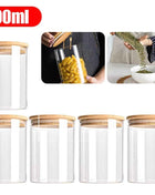 5pc 300/550/950ml Glass Food Storage Containers With Wooden Lid Kitchen Sealed Jar Food Storage Multigrain Tank Bottle