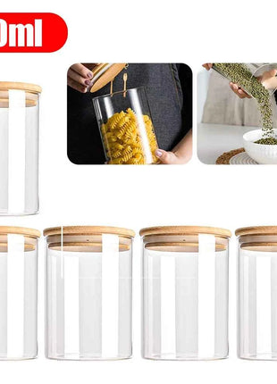5pc 300/550/950ml Glass Food Storage Containers With Wooden Lid Kitchen Sealed Jar Food Storage Multigrain Tank Bottle