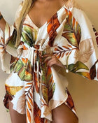 Women's Sexy V-Neck Batwing Sleeve Ruffle Floral Print Bohemian Beach Dress Summer Women's Loose Mini Dresses for Summer Vacation