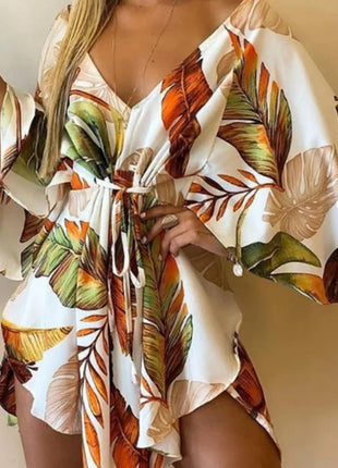 Women's Sexy V-Neck Batwing Sleeve Ruffle Floral Print Bohemian Beach Dress Summer Women's Loose Mini Dresses for Summer Vacation