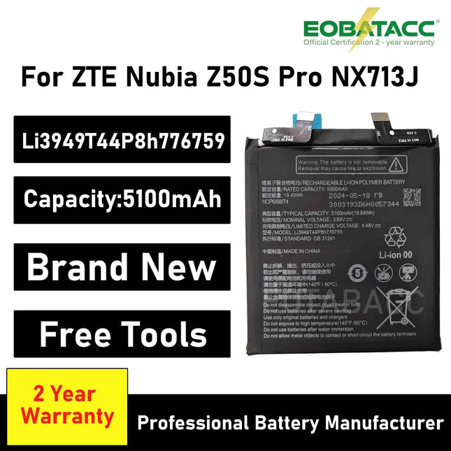 New Li3949T44P8h776759 5100mAh Battery for ZTE Nubia Z50S Pro NX713J Mobile Phone 1ICP6/68/74 Mobile Phone Batteries+Free Tools