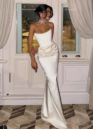 Sexy High Waist Strapless Maxi Dress Women Fashion Backless Sleeveless Pleated Satin Slim Robes Elegant Lady Party Evening Gowns