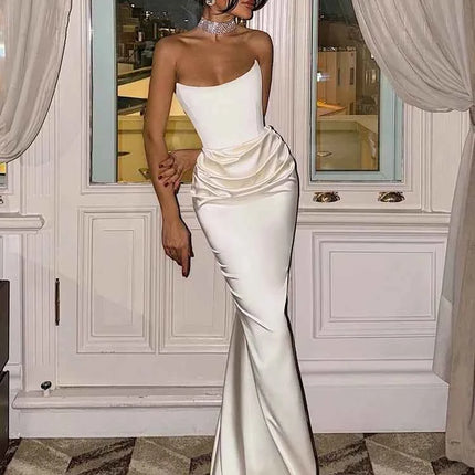 Sexy High Waist Strapless Maxi Dress Women Fashion Backless Sleeveless Pleated Satin Slim Robes Elegant Lady Party Evening Gowns