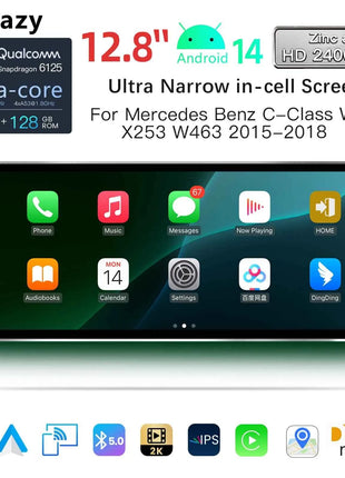 12.8'' 2400*900 High Resolution Android 14 Snapdragon 665 8GB Wireless Carplay Car Screen For Mercedes Benz C Class W205 GLC Class X253 W446 2015-2018 Multimedia Radio Stereo