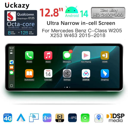 12.8'' 2400*900 High Resolution Android 14 Snapdragon 665 8GB Wireless Carplay Car Screen For Mercedes Benz C Class W205 GLC Class X253 W446 2015-2018 Multimedia Radio Stereo