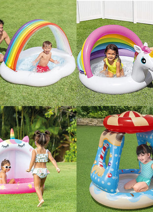 Tropical Island Coconut Tree Design Inflatable Kids Pool Baby Swimming Pool with Sunshade Canopy 1-3Y Outdoor Water Fun Play