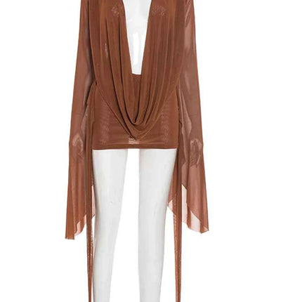 Beyprern Elegante manica svasata con scollo a V increspato Abito corto in rete trasparente Abiti da vacanza rosa Abito copricostume da spiaggia Abiti da notte