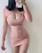 New Sexy Fashion Hollow Chest Show Thin Temperament Slim Hip Elastic Full Sleeve Sexy Mini Dress Women Pure Desire Mesh Traf