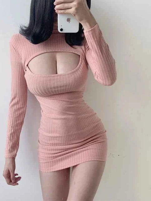 New Sexy Fashion Hollow Chest Show Thin Temperament Slim Hip Elastic Full Sleeve Sexy Mini Dress Women Pure Desire Mesh Traf