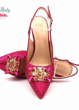 Set di Scarpe e Borsa per Donna Africana in Colore Fucsia, Design Classico Italiano di Alta Qualità con Cristalli Brillanti per Matrimoni e Feste