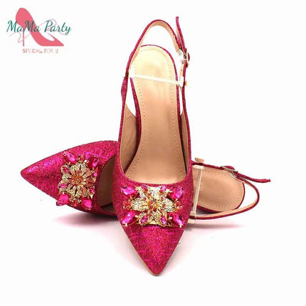 Set di Scarpe e Borsa per Donna Africana in Colore Fucsia, Design Classico Italiano di Alta Qualità con Cristalli Brillanti per Matrimoni e Feste
