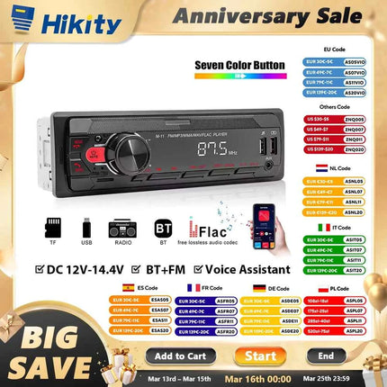 Hikity Universal 1DIN Car MP3 Player Bluetooth High Quality FM USB TF Car Radio Voice Assistant APP Mobile Phone Remote Control