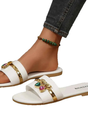 Scarpe da Donna Nuova Moda, Ciabatte con Fibbia a Ciliegia, Decorazione Metallica Versatile in Tinta Unita, Sandali Piatti con Punta Rotonda