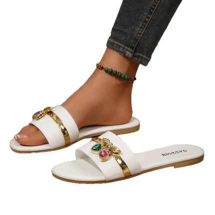 Scarpe da Donna Nuova Moda, Ciabatte con Fibbia a Ciliegia, Decorazione Metallica Versatile in Tinta Unita, Sandali Piatti con Punta Rotonda