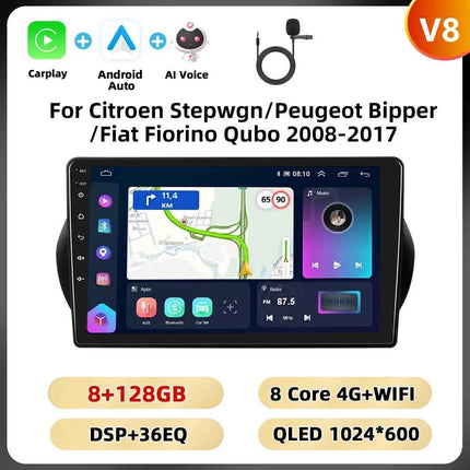 Podofo 2Din 8 + 128G Car Radio For Citroen Nemo/Peugeot Bipper/Fiat Fiorino Qubo 2008-2017 Android Auto Carplay GPS RDS Car Stereo
