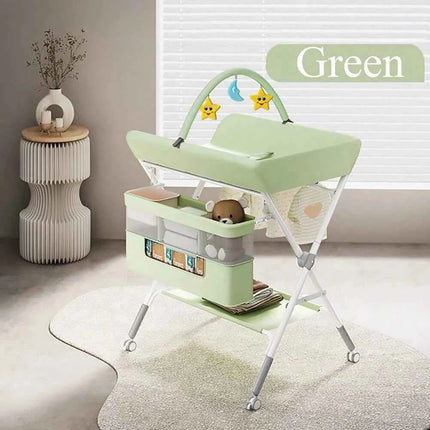 Baby Changing Table With Wheels, Portable Adjustable Height Folding Diaper Station With Nursery Organizer & Storage Rack