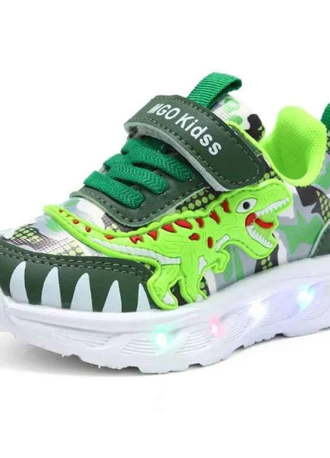 Scarpe sportive per bambini nuove primaverili Dinosauro del fumetto Scarpe leggere a LED per bambini Suola morbida Scarpe da ginnastica causali per ragazzi 2-6 anni