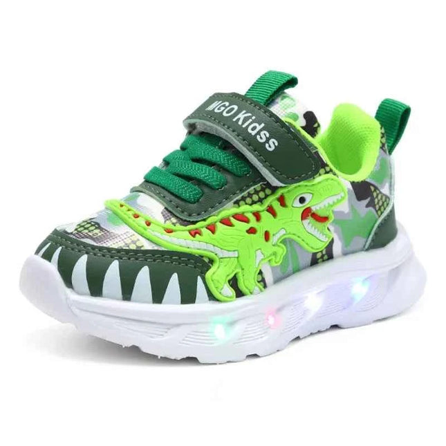 Scarpe sportive per bambini nuove primaverili Dinosauro del fumetto Scarpe leggere a LED per bambini Suola morbida Scarpe da ginnastica causali per ragazzi 2-6 anni