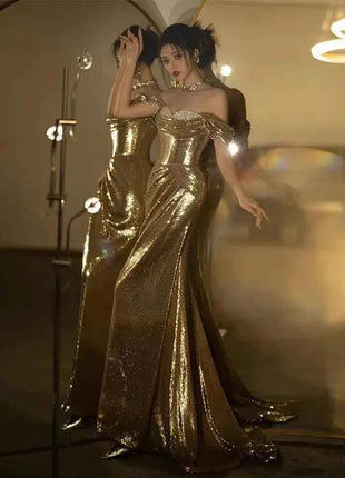 Abito da Sera Donna Paillettes Dorate Spalle Scoperte Lunghezza Pavimento Sirena - Mauroicardi