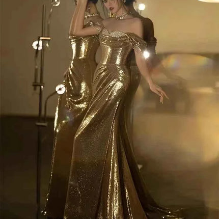 Abito da Sera Donna Paillettes Dorate Spalle Scoperte Lunghezza Pavimento Sirena - Mauroicardi