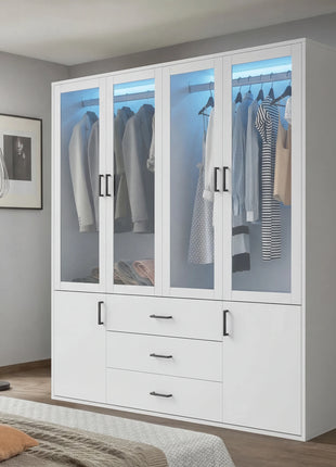 Armadio a 3 ante Fangange con specchio, armadio con luci LED e cassetti, guardaroba in legno con asta appendiabiti
