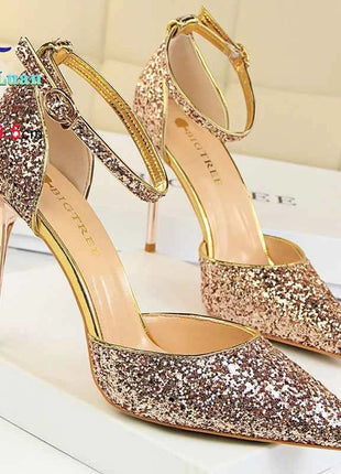 Sandali da Donna con Paillettes 2025, 9.5cm 7.5cm, Fibbia alla Caviglia, Tacco a Spillo per Matrimonio, Nuove Scarpe Classiche con Tacco Alto, Taglie 34-40