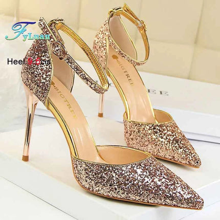 Sandali da Donna con Paillettes 2025, 9.5cm 7.5cm, Fibbia alla Caviglia, Tacco a Spillo per Matrimonio, Nuove Scarpe Classiche con Tacco Alto, Taglie 34-40