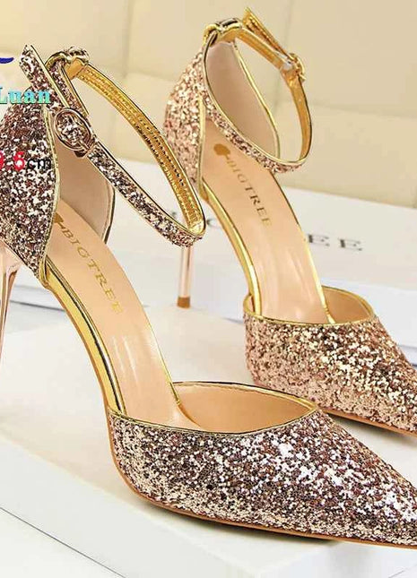 Sandali da Donna con Paillettes 2025, 9.5cm 7.5cm, Fibbia alla Caviglia, Tacco a Spillo per Matrimonio, Nuove Scarpe Classiche con Tacco Alto, Taglie 34-40