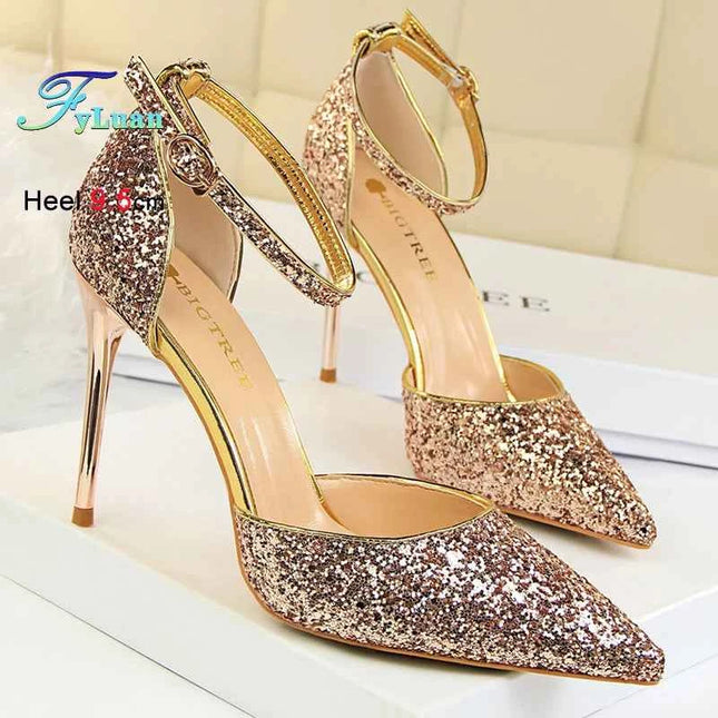 Sandali da Donna con Paillettes 2025, 9.5cm 7.5cm, Fibbia alla Caviglia, Tacco a Spillo per Matrimonio, Nuove Scarpe Classiche con Tacco Alto, Taglie 34-40