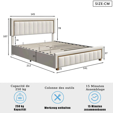 Comanlai 140x200cm Upholstered Bed, Hydraulic Bed with Storage Space and Vertical Stripes, Gold-Plated Edging, Velvet, Off-white