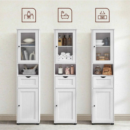 VASAGLE Tall Free Standing Bathroom Cabinet, Slim Cupboard, Glass Door, Adjustable Shelves, Light Grey