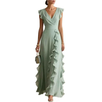 Abito lungo da donna elegante in tinta unita con volant senza maniche sexy con scollo a V Abiti lunghi da sera per feste da donna bohémien alla moda