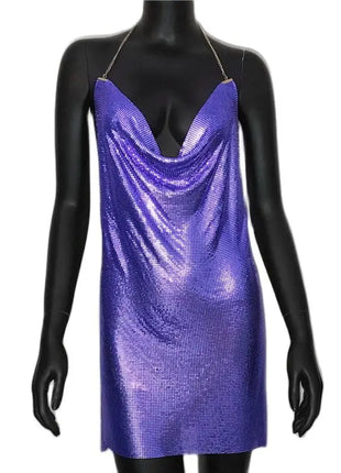 2023 Sexy Clubwear Backless Sequin Short Dress for Women Cocktail Metallic Split Mesh Harness Body Chain Club Low Cut Mini Dress