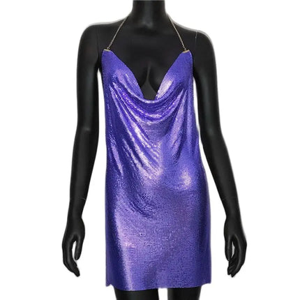 2023 Sexy Clubwear Backless paillettes abito corto per le donne Cocktail Metalic Split Mesh Harness Body Chain Club Low Cut Mini Dress