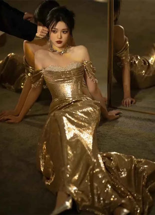 Abito da Sera Donna Paillettes Dorate Spalle Scoperte Lunghezza Pavimento Sirena - Mauroicardi