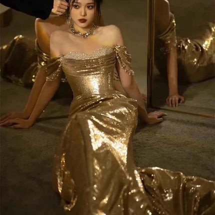 Abito da Sera Donna Paillettes Dorate Spalle Scoperte Lunghezza Pavimento Sirena - Mauroicardi