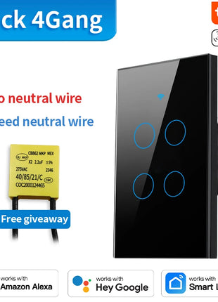 TNCE Tuya US Switch wifi zigbee, 1/2/3/4 gang, pulsante a parete con controllo della luce LED senza neutro/filo, voce intelligente con Alexa Google Home