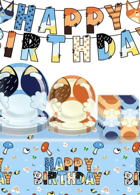 Nuovo cartone animato Cani Decorazione festa di compleanno Set completo Kit Cane blu Buon compleanno Piatti Tovaglioli Tazze Articoli per la tavola Bomboniera per bambini