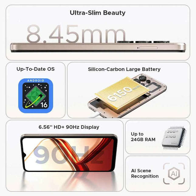 DOOGEE Note56 X 5G Mobile Phone 8.45mm Slim Body 6.56" 90Hz Screen Android 16 6150mAh Battery Al Scene Recognition Smartphone