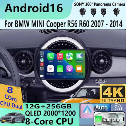 Android16 Radio Qled For BMW MINI Cooper R56 R60 2007 - 2014 Car intelligent systems Navigation GPS Carplay Android auto WIFI+5G