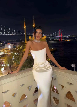 Sexy High Waist Strapless Maxi Dress Women Fashion Backless Sleeveless Pleated Satin Slim Robes Elegant Lady Party Evening Gowns