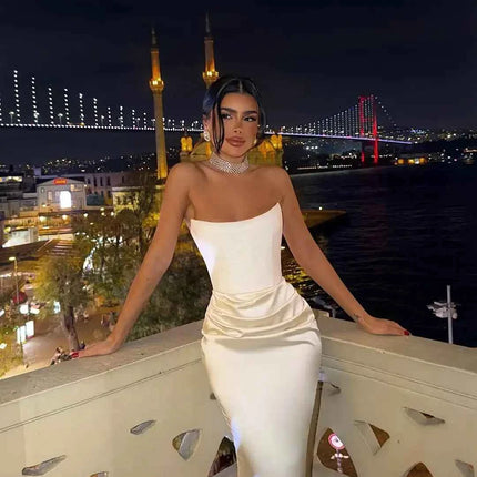 Sexy High Waist Strapless Maxi Dress Women Fashion Backless Sleeveless Pleated Satin Slim Robes Elegant Lady Party Evening Gowns