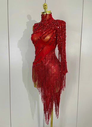 STOCK Strass scintillanti Nappa Abito trasparente sexy Donna Una spalla Abiti da ballo latino Bar Discoteca Costume di scena per feste