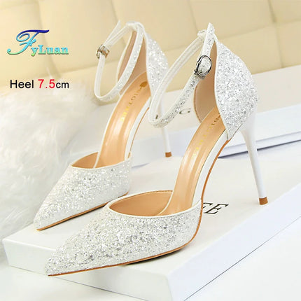 Sandali da Donna con Paillettes 2025, 9.5cm 7.5cm, Fibbia alla Caviglia, Tacco a Spillo per Matrimonio, Nuove Scarpe Classiche con Tacco Alto, Taglie 34-40