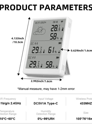 Tuya WiFi Stazione Meteo Kit Termoigrometro Intelligente Gateway WiFi E Termoigrometro Esterno IP65 Impermeabile 433 mhz con Avviso App