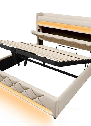 KOMHTOM Double Bed Linen With USB Type C Port 360 Surround LED Function Hydraulic Storage Without Mattress