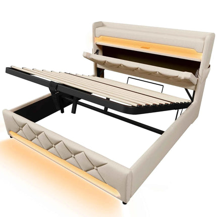 KOMHTOM Double Bed Linen With USB Type C Port 360 Surround LED Function Hydraulic Storage Without Mattress