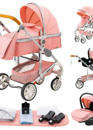 Multifunction 3 in 1 Baby Stroller with Car Seat and Sleeping Basket Baby Pram Lightweight Infant Pushchair Compact Folding Pram