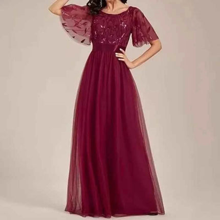European and American Wine Red Evening Gown with Round Neck Flared Sleeves and Mesh Long Dress for Wedding 2026new Wedding Dress