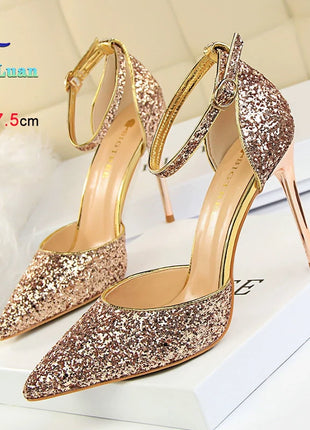 Sandali da Donna con Paillettes 2025, 9.5cm 7.5cm, Fibbia alla Caviglia, Tacco a Spillo per Matrimonio, Nuove Scarpe Classiche con Tacco Alto, Taglie 34-40